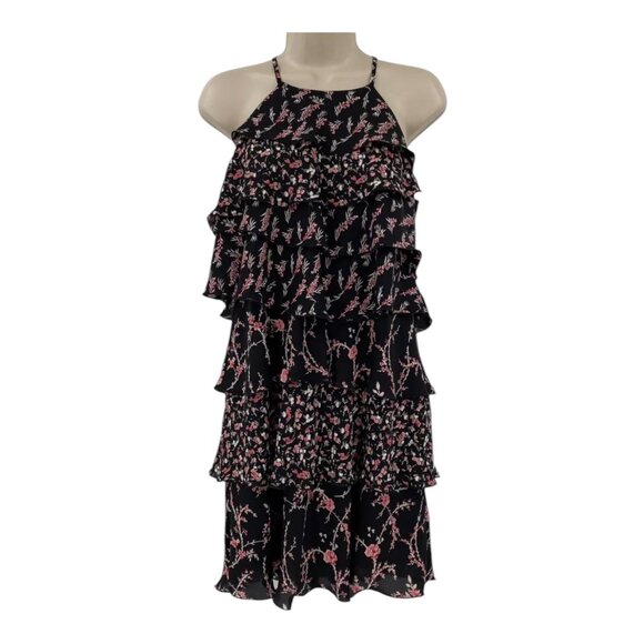 WHBM Dress 4 Tiered Ruffle Flapper Black Pink Floral Halter Party Mini Feme - Picture 3 of 10